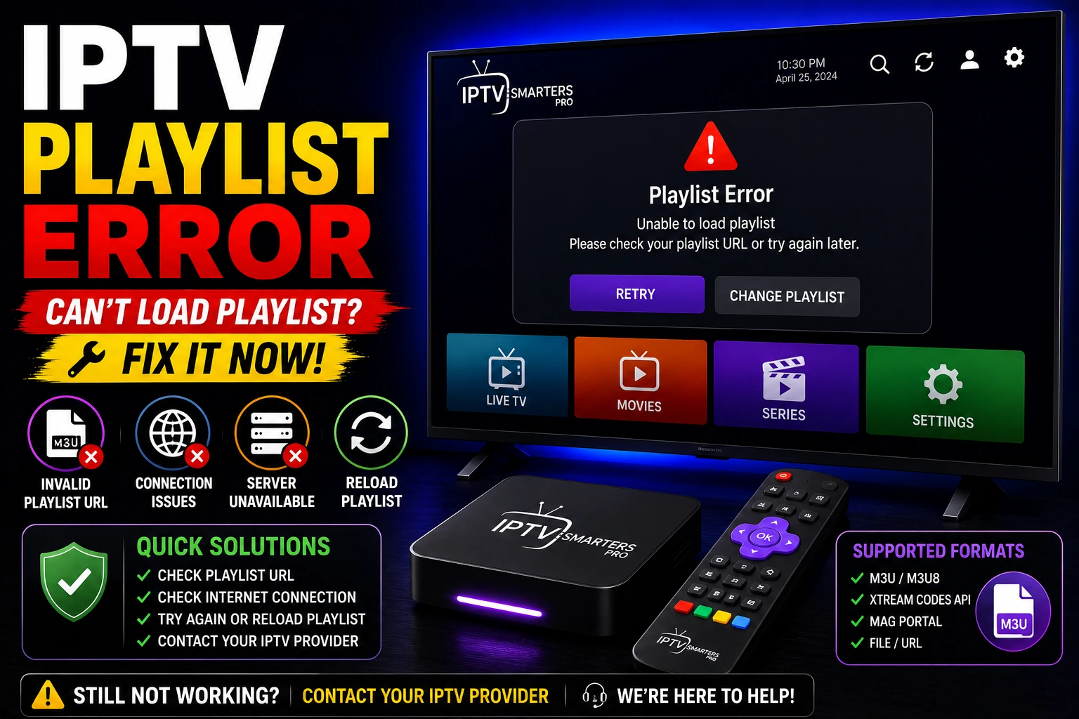 Fix IPTV Playlist Error - Complete Guide - Resolve IPTV playlist errors, parse failures, and loading issues. Fix M3U format problems, invalid URLs, and corrupted playlists on all devices.
